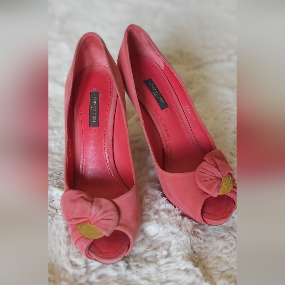 Louis Vuitton Coral Peep-Toe Heels with Bow